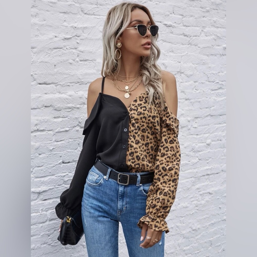 Leopard Panel Cold Shoulder Blouse ruffle long sleeve